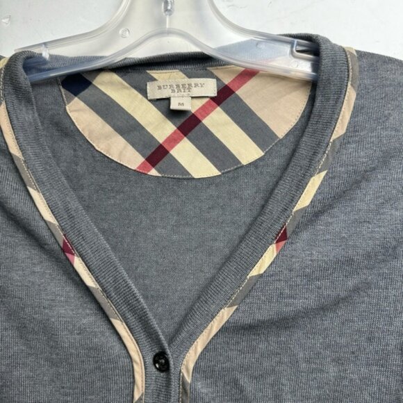 Burberry Brit Nova Check Trim Wool Cardigan Sweater V Buttons Lightweight Soft M - Picture 10 of 16